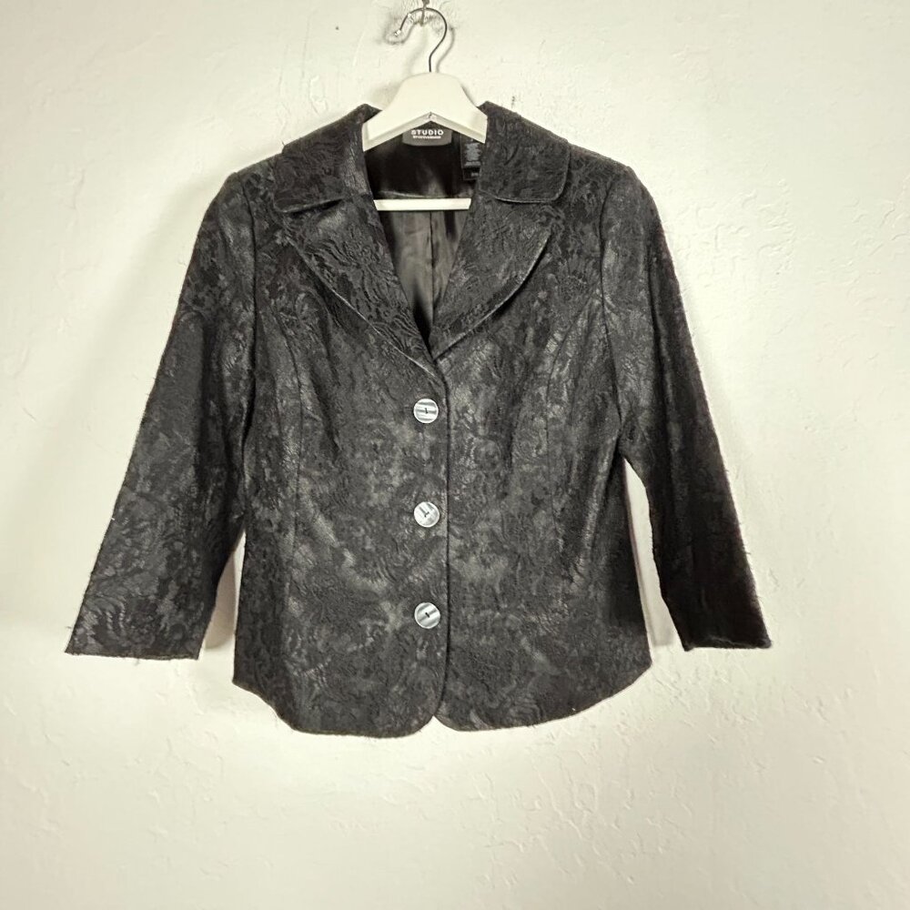 Liz Claiborne Studio Womens Black Lace Blazer Jacket Size 4 Lined Button-Front